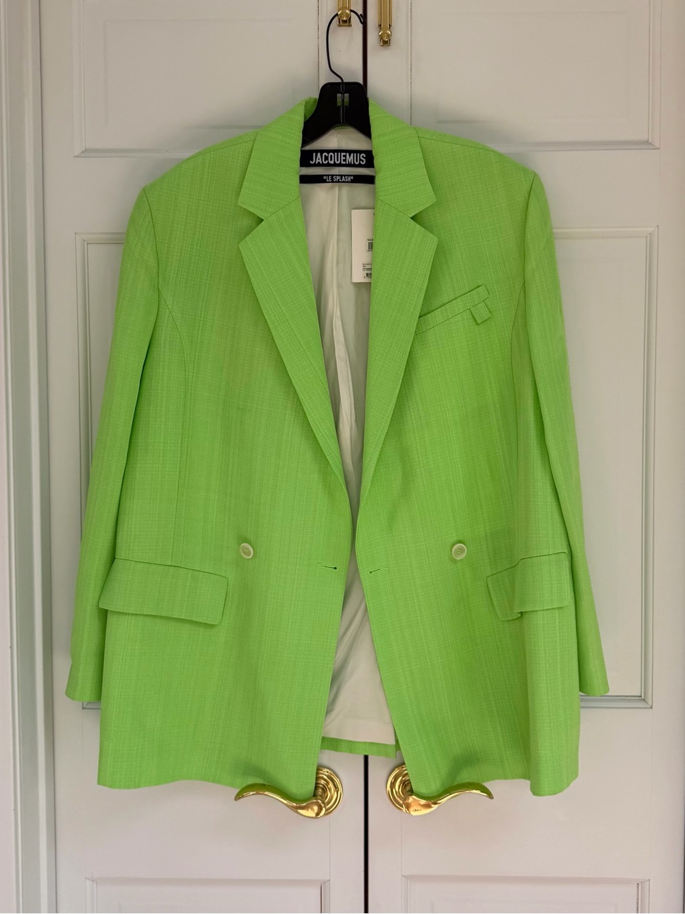 Jacquemus “Le Splash” Neon Lime Green Double-Breasted Linen Blazer - Picture 5 of 16